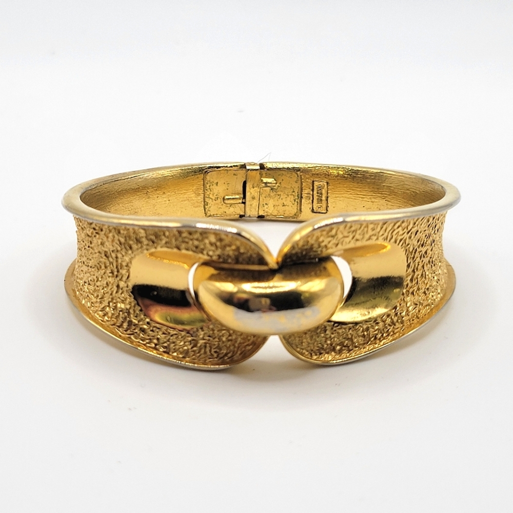 VTG "Crown" Trifari Gold Tone Textured Clamper Bracelet | SIGNED